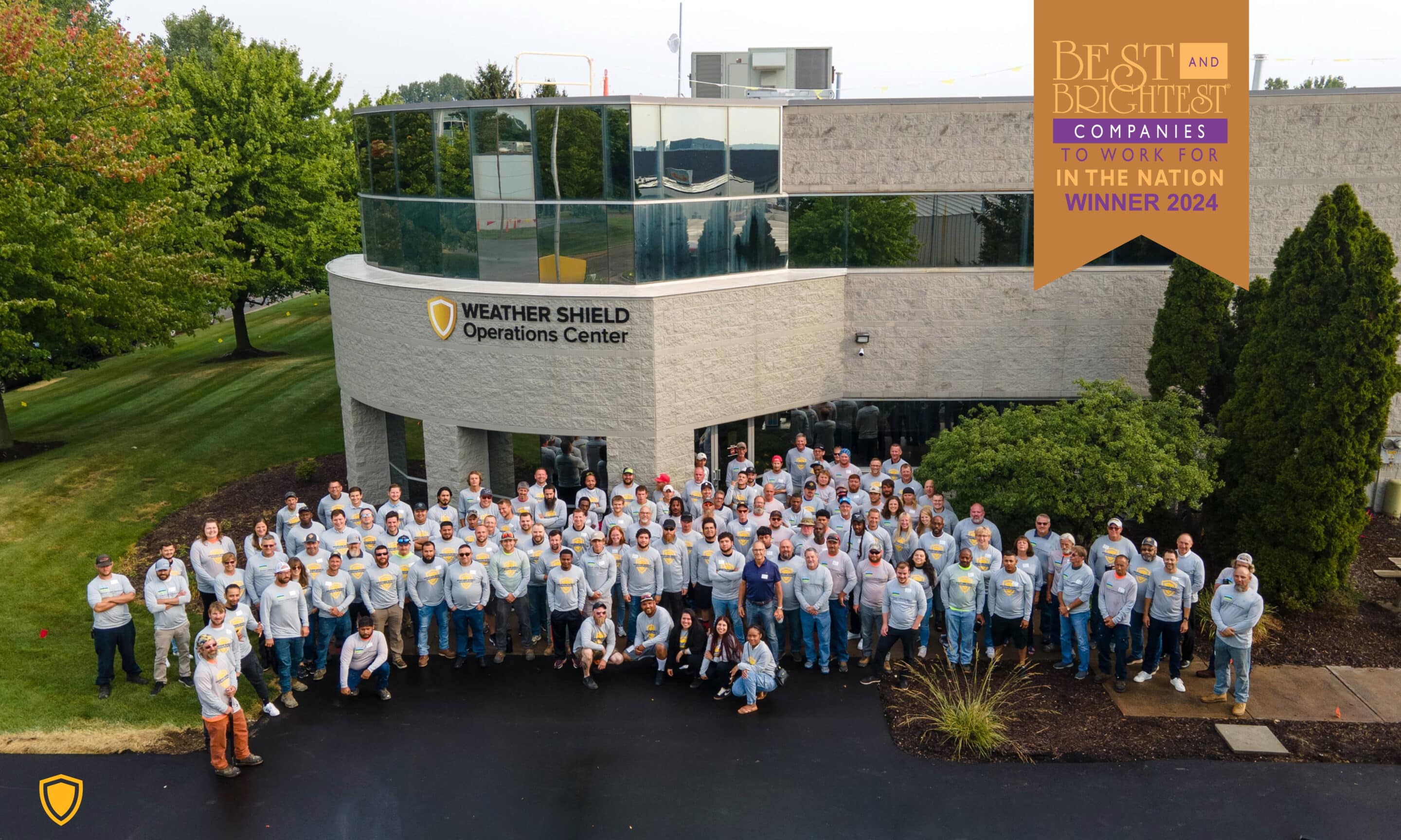 Drone photo of the Weather Shield Roofing System's Best & Brightest team